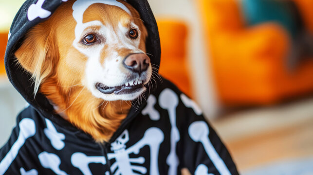 Cute Dog Dressed As A Skeleton For Halloween.
