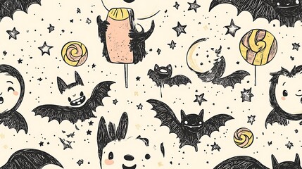 Cute doodle-style seamless pattern of mini vampires with tiny bat wings, happily eating candy corn, surrounded by floating lollipops, stars, and moons, soft pastel tones,