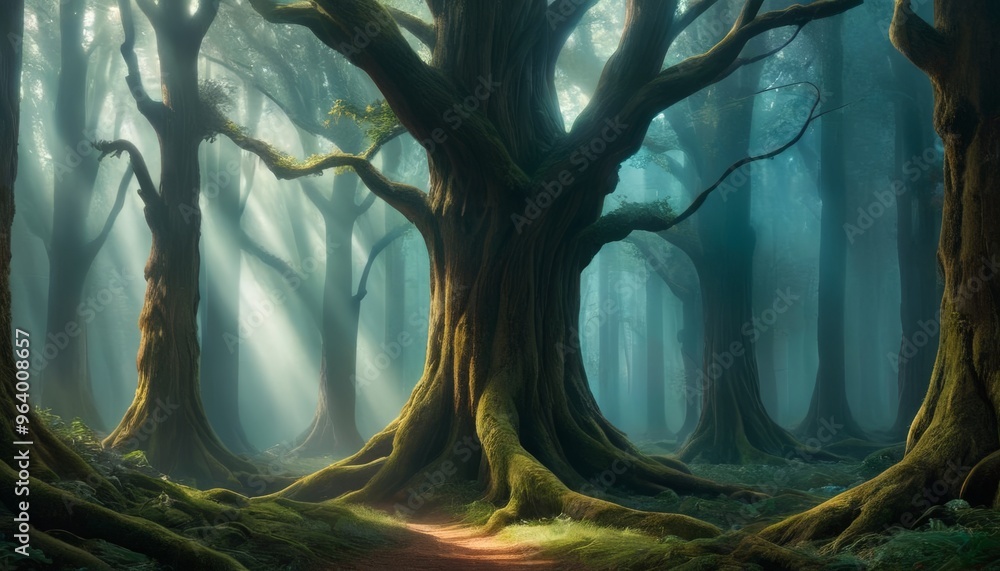 Poster an enchanted forest with ancient, towering trees and sunbeams piercing through the dense foliage. th