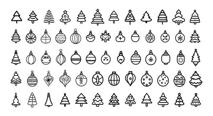 Christmas Tree and Ornament Line Icons Set