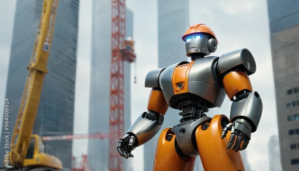 Poster a modern, orange and gray robot stands prominently at a construction site with towering skyscrapers 
