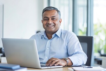 Fototapeta premium Smiling mature business man executive wearing shirt sitting at desk using laptop. Happy busy professional middle aged Indian businessman investor working on computer looking away in office, ai