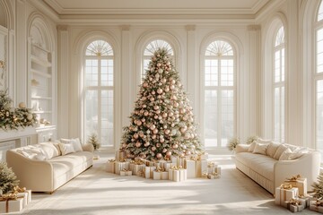 A luxurious Christmas tree adorned with pastel pink and gold ornaments stands in the center of an elegant living room with white walls and large windows