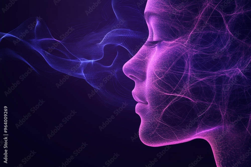 Poster alpha synaptic and neuroconnectivity purple silhouette dissolving into abstract light symbolizing cr