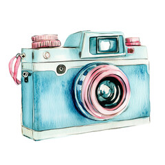 A colorful watercolor illustration of a vintage camera.