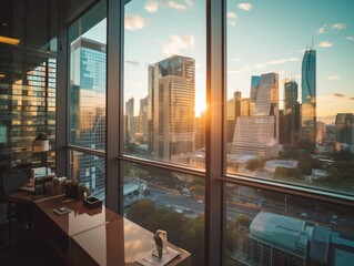 Modern Office View with Sunrise Over Cityscape