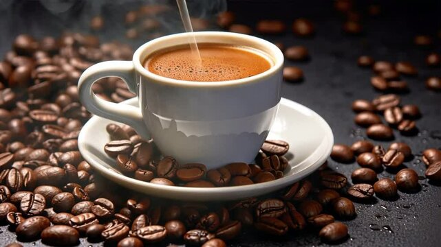  cup of coffee surrounded by roasted beans on a white saucer, 
