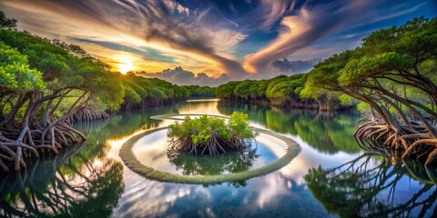 Mangrove forests coastal development as a gateway to a hidden dimension, where swirling vortexes and glowing portals connect the terrestrial world to the mystical realm of the ancients.