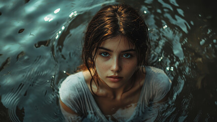 Young Woman with Intense Gaze Emerging from Water at Dusk, Mysterious Mood, Reflective Surface, Dark, Moody Lighting, Cinematic Portrait, Depth of Field in Artistic Photography