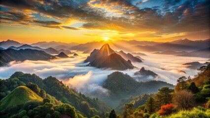 Obraz premium Majestic mountains sunrise mist beckons adventurous spirits to explore the uncharted