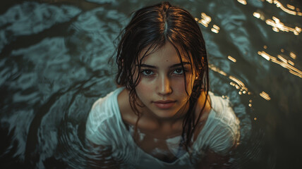 Young Woman with Intense Gaze Emerging from Water at Dusk, Mysterious Mood, Reflective Surface, Dark, Moody Lighting, Cinematic Portrait, Depth of Field in Artistic Photography
