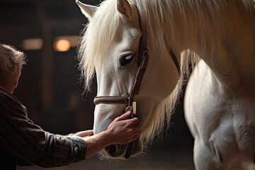 A man grooming a white horse in a warm barn during golden hour light