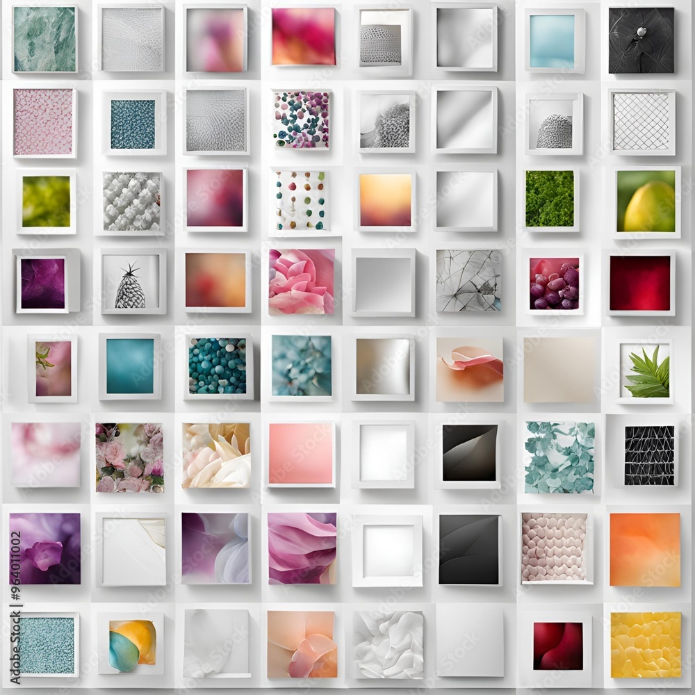 Poster a colorful and abstract collage of various textures and patterns arranged in a grid format.
