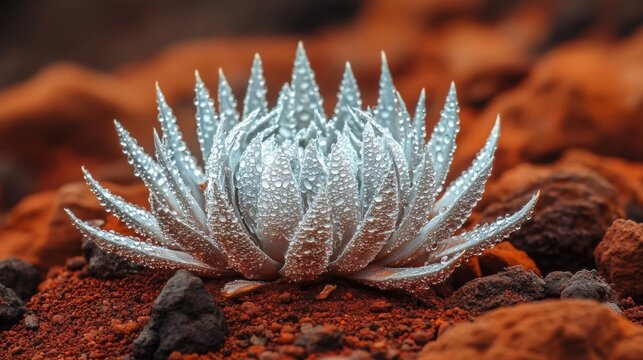 Haleakala Silversword and water drops in Haleakala Crater, Maui.