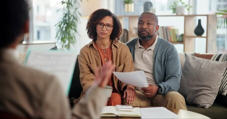 Couple, paper or meeting in home for finance, budget planning or investment opportunity on sofa. People, advisor and talking in living room with forms, insurance comparison or review loan application