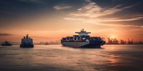 Obraz premium Cargo Ships at Sunset in Serene Harbor