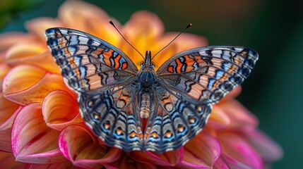 Monarch butterfly with intricate patterns on flowers