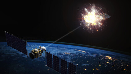 Satellite attacks another satellite with laser weapon. 3d rendering image. Elements of this image...
