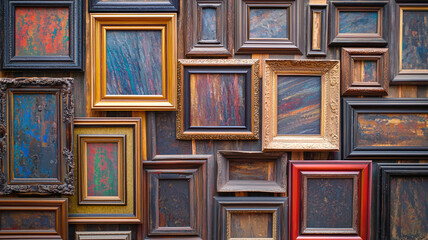 Fototapeta premium Eclectic Collection of Empty Picture Frames Arranged on a Wall Showcasing Various Artistic Styles, Colors, and Textures