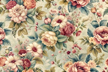 Fototapeta premium Seamless vintage floral pattern with roses and peonies in soft pastel colors