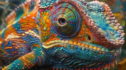Fototapeta premium A colorful chameleon with a blue and orange head