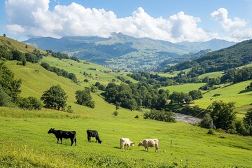 Naklejka premium Cows grazing peacefully in a lush green valley under a clear blue sky with mountains in the background during daytime hours