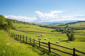 Sheep grazing peacefully in a lush green valley surrounded by rolling hills and a wooden fence under a bright blue sky