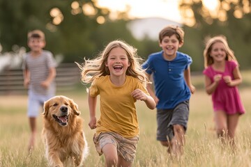 Children run joyfully with a golden retriever in a sunlit field during late afternoon playtime