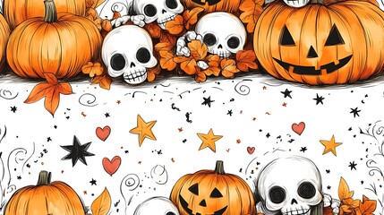Whimsical doodle-style seamless pattern of tiny skeletons snuggled with piles of smiling pumpkins, surrounded by stars, hearts, and swirling autumn leaves, soft pastel colors,