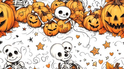 Whimsical doodle-style seamless pattern of tiny skeletons snuggled with piles of smiling pumpkins, surrounded by stars, hearts, and swirling autumn leaves, soft pastel colors,