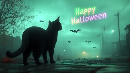 A black cat standing on a cobblestone path, back arched, with glowing "Happy Halloween" text in the sky, eerie green and purple light reflecting off the mist, bats flying through the night,