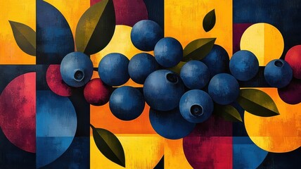 Abstract blueberry illustration focusing on geometric shapes and vibrant colors for a striking and imaginative piece.