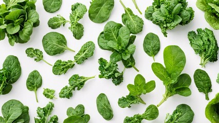 Organic herbs and greens including spinach, kale, and mint on white background with ample copy space. Garden greens concept.