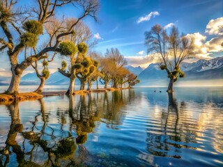 Obraz premium Lake Geneva in the morning as a mystical realm, where towering trees rise from the lake's surface, their gnarled branches tangled with vines and mistletoe.