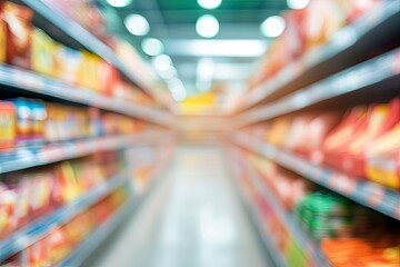Fototapeta premium supermarket store aisle interior abstract blurred background, ai