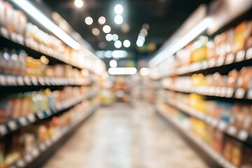 Fototapeta premium supermarket store aisle interior abstract blurred background, ai