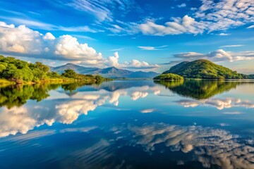 Lake Nyasa (Another name for Lake Malawi) in the morning, where the lake's calm surface reflects the perfect mirror image of the surrounding landscape, creating an eerie sense of symmetry.