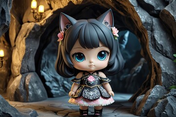 Cute little 3D doll in children's cartoon style, animated fantasy. Artistic background. Artistic illustration. Cartoon stylized illustrated art.