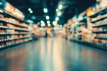 Obraz premium supermarket store aisle interior abstract blurred background, ai