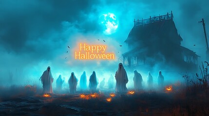 A ghostly gathering in the middle of a fog-covered field, "Happy Halloween" glowing in the mist, spectral figures floating around, moonlight casting soft shadows on the ground,
