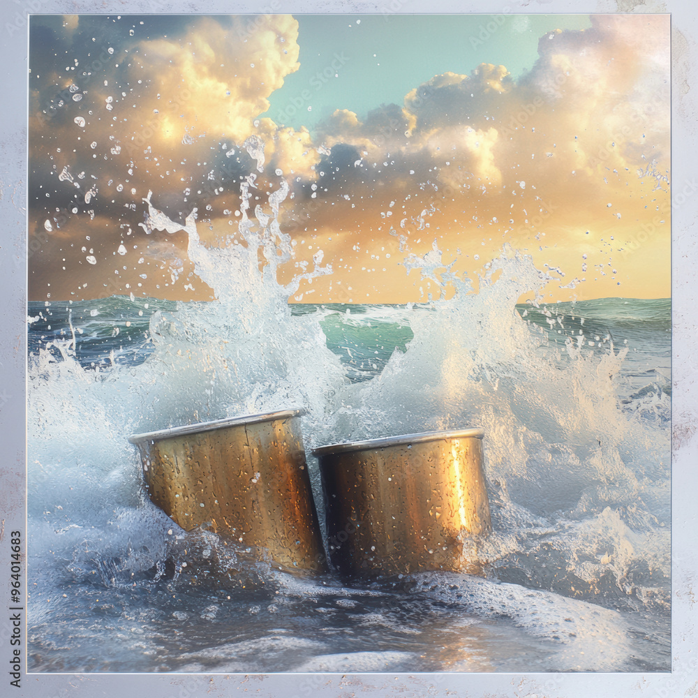 Aufkleber splashing waves surround two metallic buckets on beach at sunset, creating dynamic and serene scene.