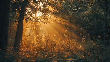 Obraz premium Sunlit Forest Scene with Crepuscular Rays, Dense Foliage, and Golden Light - Captivating Nature Photography Perfect for Environmental and Inspirational Projects
