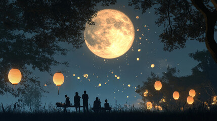 Fototapeta premium A peaceful night scene with a full moon hanging high in the sky, traditional Chinese lanterns glowing softly, and a family gathering outdoors to celebrate the Mid-Autumn Festival.