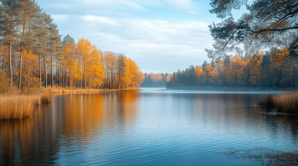 A scene of an expansive and serene lake. in the Autumn  In the distance, by the lakeside, the trees have begun to don their yellow hues, exuding a sense of crisp coolness.