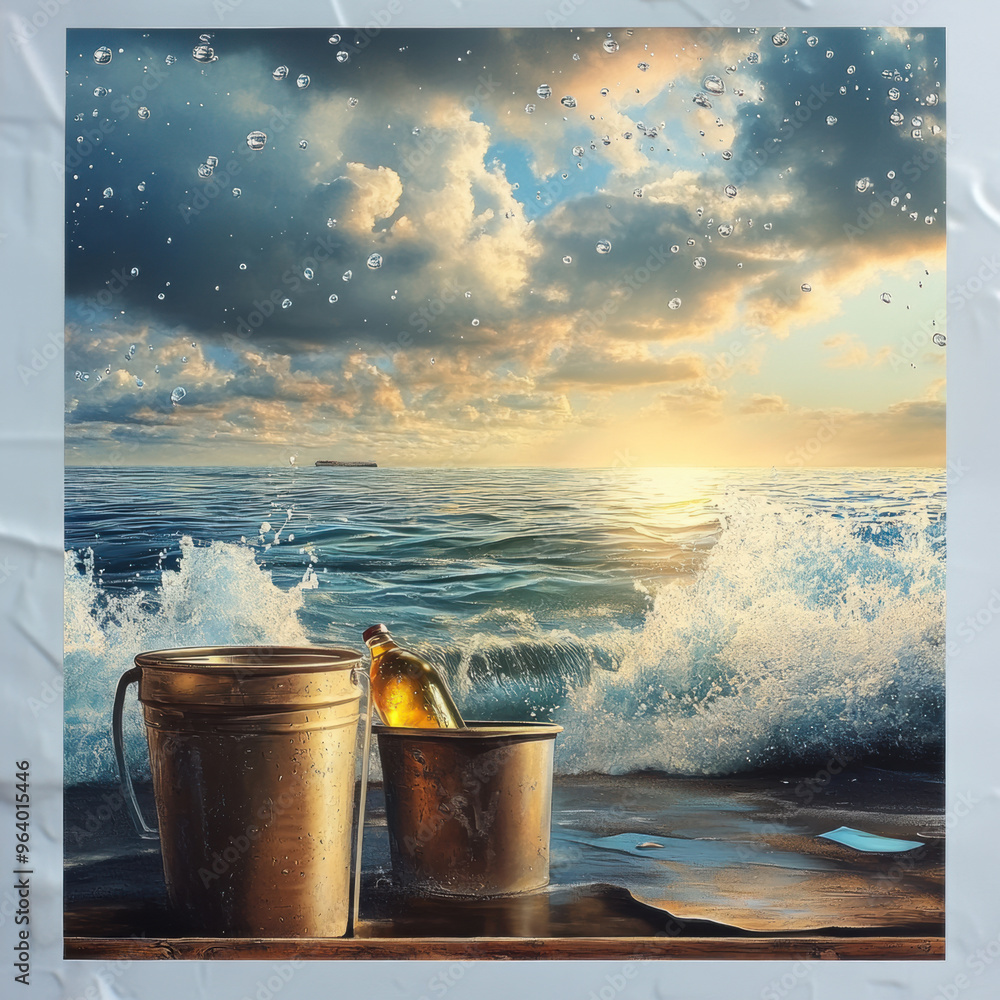 Poster buckets by sea with waves crashing and beautiful sunset in background create serene atmosphere.