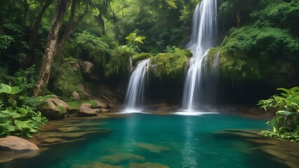 A majestic waterfall cascading over rocks into a crystal-clear pool, surrounded by lush greenery