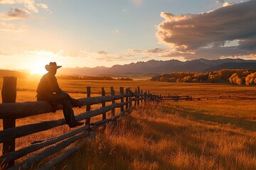 A cowboy sitting on a fence at sunset, overlooking a vast landscape in the mountains during autumn