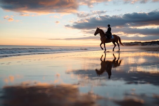 A rider on a horse walks along a beach at sunset, casting reflections on the wet sand while waves gently lap at the shore - Powered by Adobe