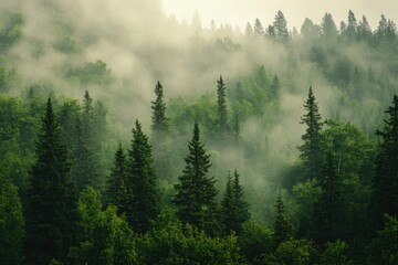 Obraz premium The scene captures the dense, lush green trees shrouded in a mystical layer of fog, creating a serene and tranquil atmosphere. The forest is rich with various shades of green, ai