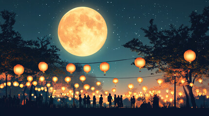 Naklejka premium A peaceful night scene with a full moon hanging high in the sky, traditional Chinese lanterns glowing softly, and a family gathering outdoors to celebrate the Mid-Autumn Festival.